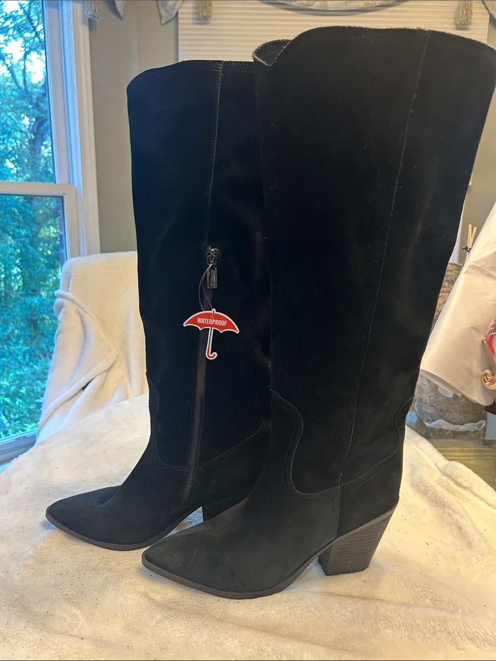 Blonde Black leather Suede Knee-High Western Boots - Waterproof